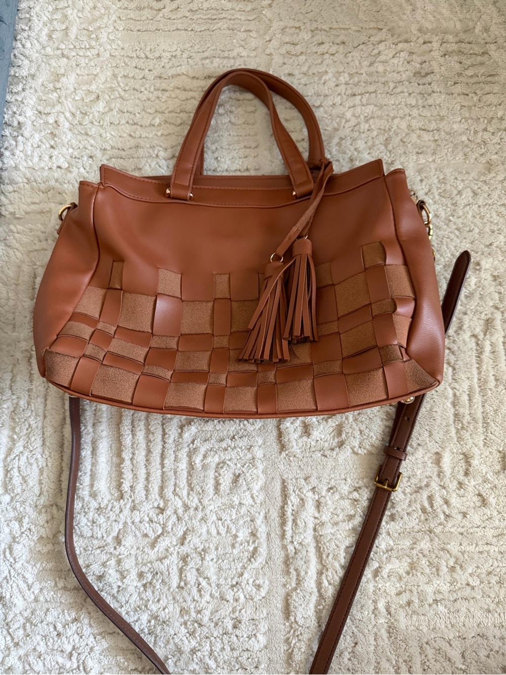 Mellow World Women's Woven Tassel Satchel Handbag Brown